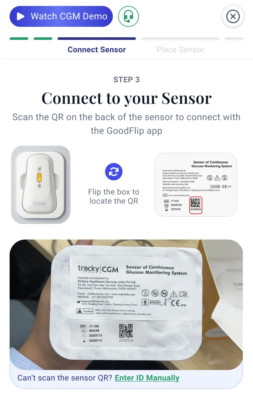 The same step with a Can’t scan the sensor QR? Enter ID Manually fallback added