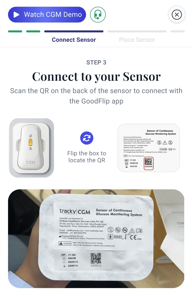 Connect-sensor step with QR scan only, no manual fallback
