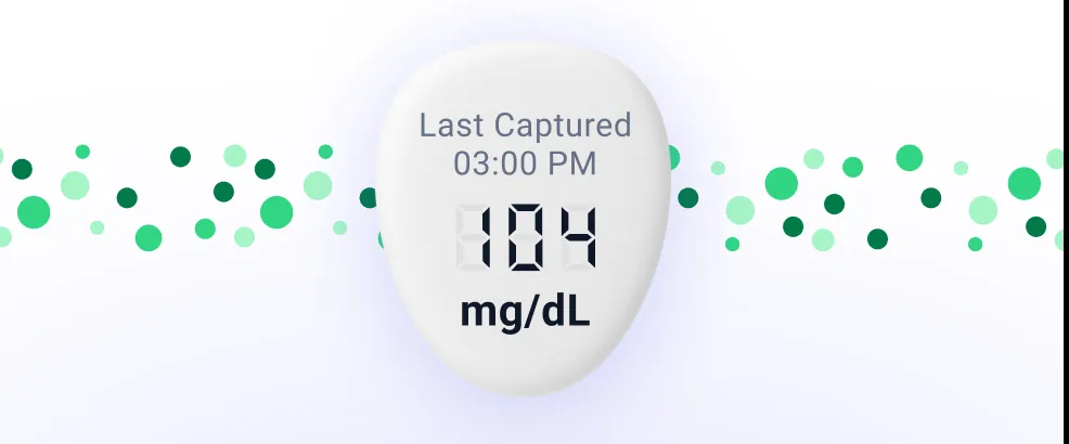 A live on-screen replica of the CGM device showing the current glucose reading