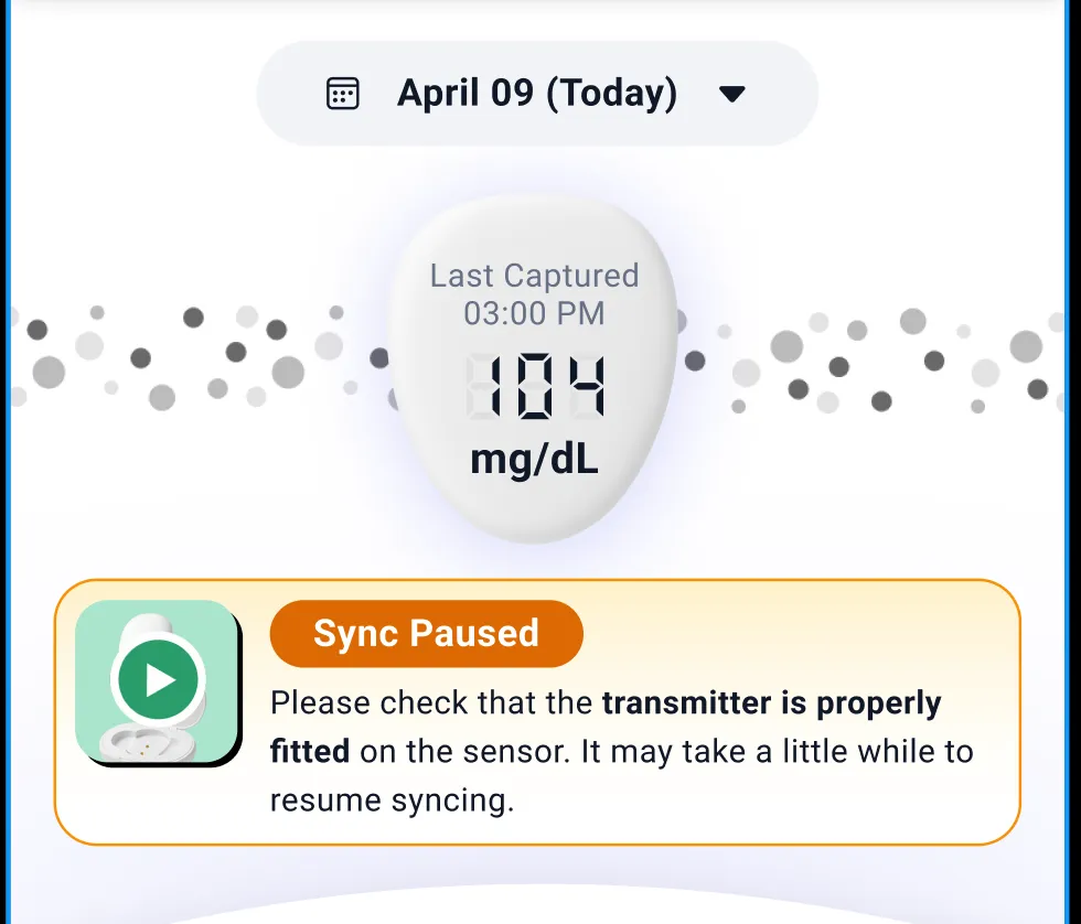 An in-context Sync Paused error telling the user to check the transmitter is properly fitted