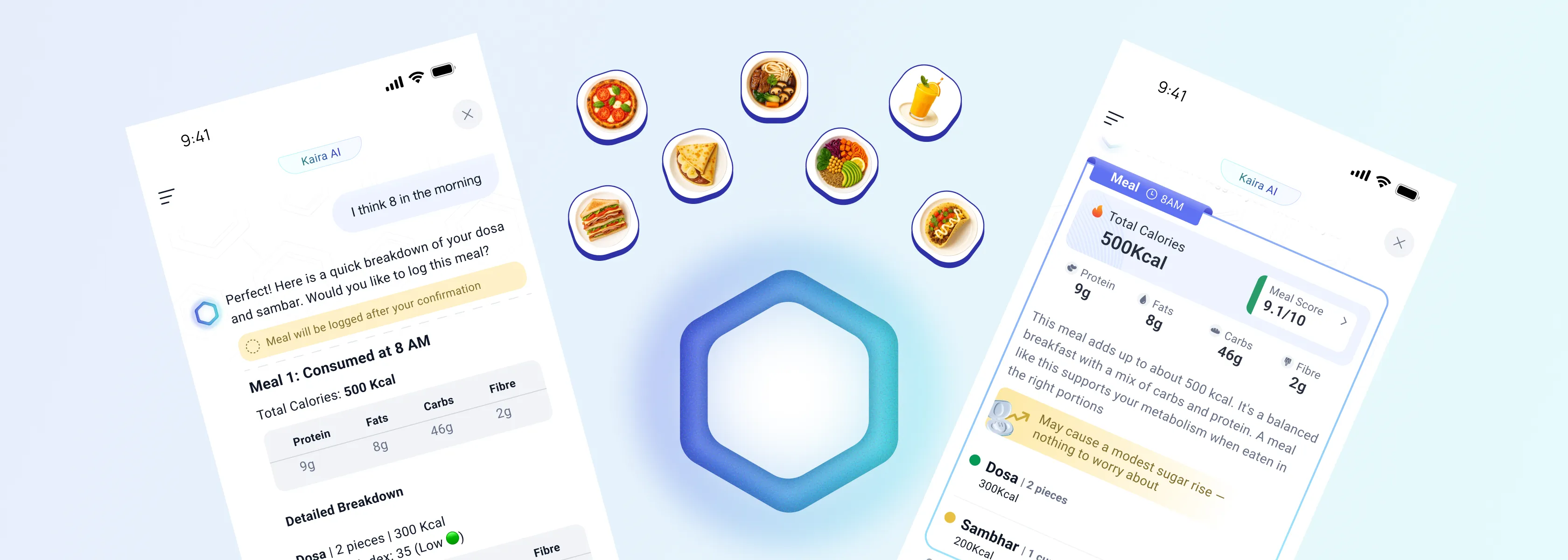 Kaira app: a conversational meal log and its insight card around the Kaira mark