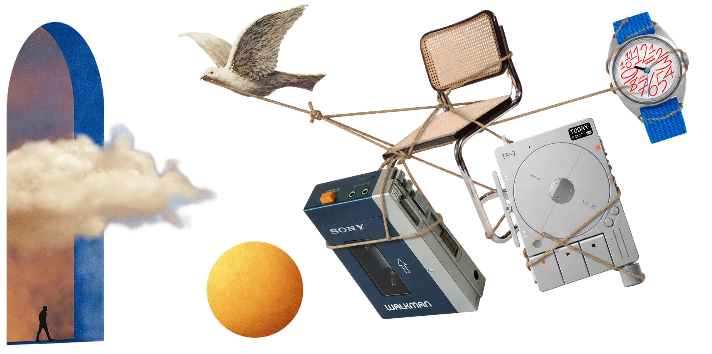 A surreal collage of objects that inspire me — a Magritte archway, Sony Walkman, Cesca chair, TP-7, and a Swatch watch, all tied together by a flying dove