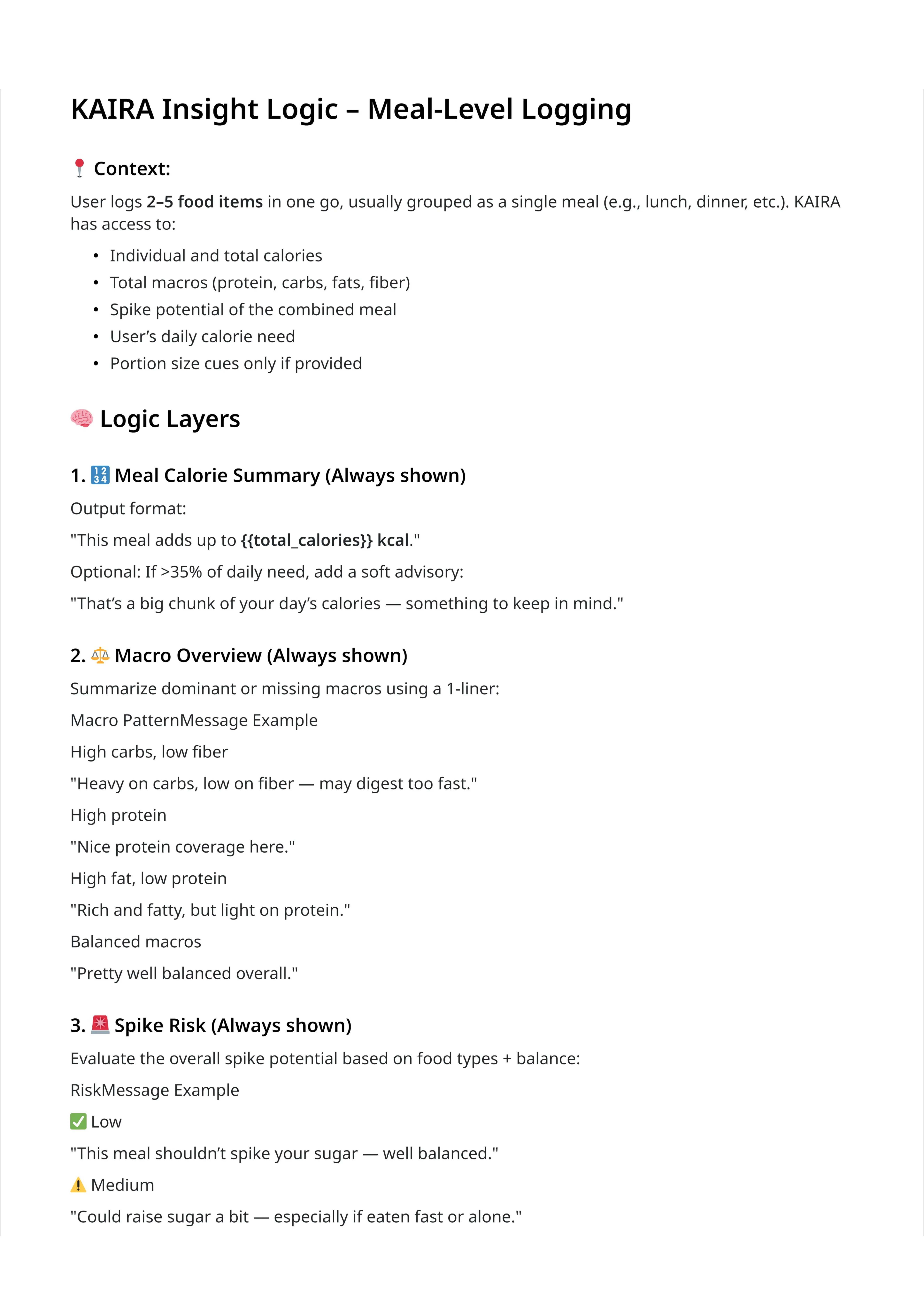 Meal-level insight logic document: calorie summary, macro overview, spike risk, and metabolic verdict layers