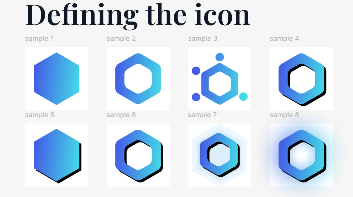 Grid of alternate Kaira hexagon logo explorations that were considered