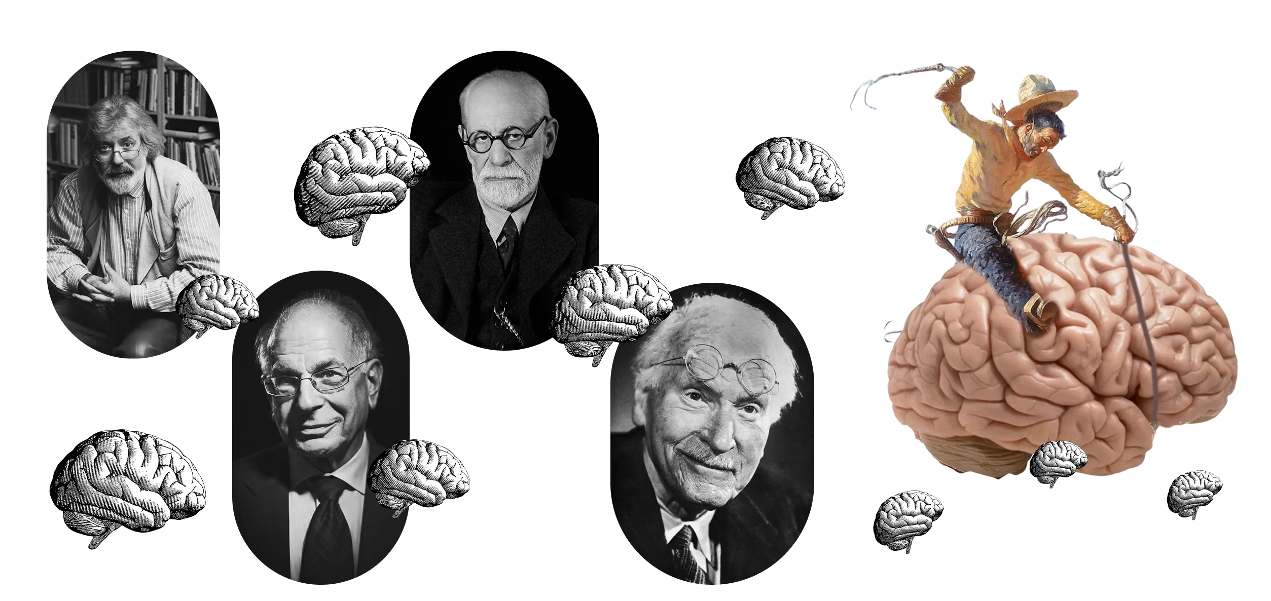 A collage of psychologists and thinkers — Freud, Jung, Kahneman — surrounded by floating brains